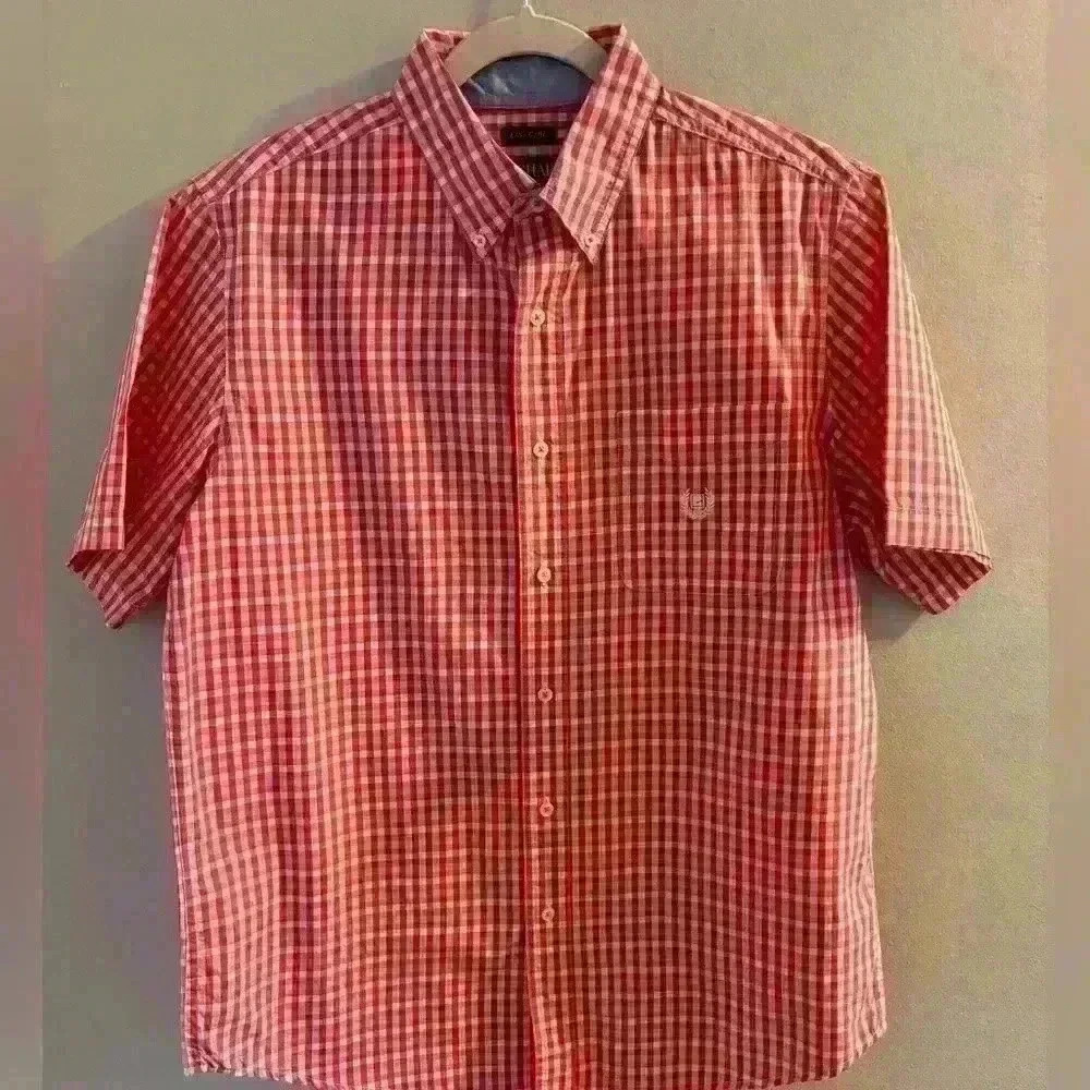 CHAPS Mens Casual Pink Gingham Short Sleeve Shirt